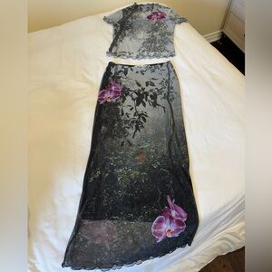 Floral Black Sheer Maxi Skirt Set